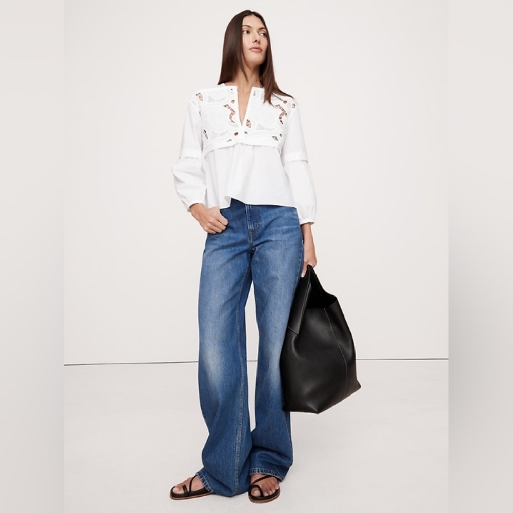 Banana Republic Embroidered Cotton Poplin Popover Top White - Picture 3 of 5